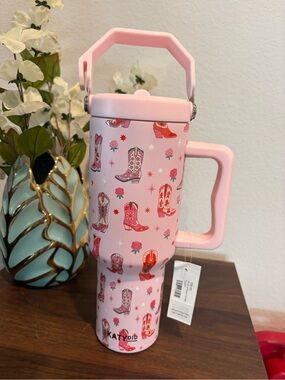 Katydid Pink Cowboy Boot Insulated Travel Mug with Handle